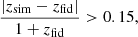 $$ \begin{aligned} \frac{|z_{\mathrm{sim} } - z_{\mathrm{fid} }|}{1+z_{\mathrm{fid} }} > 0.15, \end{aligned} $$