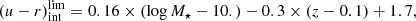 $$ \begin{aligned} (u - r)_\mathrm{int} ^\mathrm{lim} = 0.16 \times (\log M_\star - 10.) - 0.3 \times (z - 0.1) + 1.7 ,\end{aligned} $$