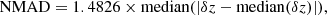 $$ \begin{aligned} \mathrm{NMAD}=1.4826\times \mathrm{median} (|\delta z - \mathrm{median }(\delta z)|), \end{aligned} $$