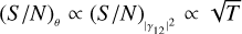 ${\left( {S/N} \right)_\theta } \propto {\left( {S/N} \right)_{{{\left| {{\gamma _{12}}} \right|}^2}}} \propto \sqrt T $