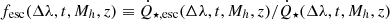 $ f_{\mathrm{esc}}(\Delta\lambda,t,M_h,z)\equiv \dot{Q}_{\star,\mathrm{esc}}(\Delta\lambda,t,M_h,z)/\dot{Q}_{\star}(\Delta\lambda,t,M_h,z) $