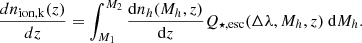 $$ \begin{aligned} \frac{dn_{\mathrm{ion,k}}(z)}{dz}=\int _{M_{1}}^{M_{2}}{\frac{\mathrm{d}n_{h}(M_h,z)}{\mathrm{d}z} Q_{\star ,\mathrm{esc}}(\Delta \lambda ,M_h,z)\ \mathrm{d}M_h}. \end{aligned} $$