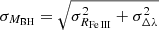 $ \sigma_{M_{\mathrm{BH}}}=\sqrt{\sigma_{R_{\mathrm{Fe\,III}}}^2+\sigma_{\Delta \lambda}^2} $