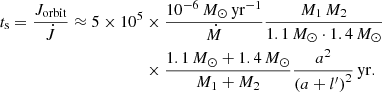 $$ \begin{aligned} t_{\rm s} = \dfrac{J_{\rm orbit}}{\dot{J}} \approx 5 \times 10^{5}&\times \dfrac{{10^{-6}\,M_{\odot }\,\mathrm{yr}^{-1}}}{{\dot{M}}}\dfrac{{M_{1}\,M_{2}}}{{1.1\,M_{\odot }\cdot 1.4\,M_{\odot }}}\nonumber \\&\times \dfrac{{1.1\,M_{\odot }+{1.4\,M_{\odot }}}}{{M_{1}+M_{2}}}\dfrac{a^2}{\left( a+{l^\prime }\right)^2}\,\mathrm{yr}. \end{aligned} $$