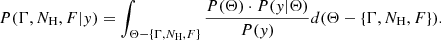 $$ \begin{aligned} P(\Gamma , N_\mathrm{H} , F|y) = \int _{\Theta -\{\Gamma , N_\mathrm{H} , F\}} \frac{P(\Theta ) \cdot P(y|\Theta )}{P(y)} d(\Theta -\{\Gamma , N_\mathrm{H} , F\}) .\end{aligned} $$