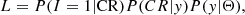 $$ \begin{aligned} L = P(I=1|\mathrm{CR} )P(CR|y)P(y|\Theta ) ,\end{aligned} $$