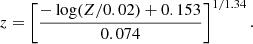 $$ \begin{aligned} z=\left[\frac{-\log (Z/0.02)+0.153}{0.074} \right]^{1/1.34}. \end{aligned} $$