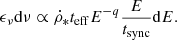$$ \begin{aligned} \epsilon _\nu \mathrm{d}\nu \propto \dot{\rho }_* t_{\rm eff} E^{-q} \frac{E}{t_{\rm sync}} \mathrm{d}E. \end{aligned} $$