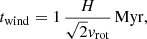 $$ \begin{aligned} t_{\rm wind} = 1 \,\frac{H}{\sqrt{2} v_{\rm rot}}\,\mathrm{Myr}, \end{aligned} $$