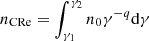 $ n_{\rm CRe} = \int_{\gamma_1}^{\gamma_2} n_0 \gamma^{-q} {\rm d}\gamma $