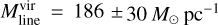 $M_{{\rm{line}}}^{{\rm{vir}}} = 186 \pm 30{M_ \odot }{\rm{p}}{{\rm{c}}^{ - 1}}$