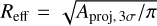 ${R_{{\rm{eff}}}} = \sqrt {{A_{{\rm{proj}},3\sigma }}{\rm{/}}\pi }$