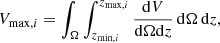 $$ \begin{aligned} V_{\mathrm{max},i} = \int _\Omega \int _{z_{\mathrm{min},i}}^{z_{\mathrm{max},i}} \dfrac{\mathrm{d}V}{\mathrm{d}\Omega \mathrm{d}z}\,\mathrm{d}\Omega \,\mathrm{d}z, \end{aligned} $$