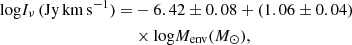 $$ \begin{aligned} \mathrm{log} I_\nu \,(\mathrm{Jy\,km\,s}^{-1})=&-6.42 \pm 0.08 + (1.06 \pm 0.04)\nonumber \\&\times {\log } M_{\mathrm{env} }(M_\odot ), \end{aligned} $$
