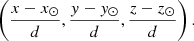 $$ \begin{aligned} \left( \dfrac{x-x_\odot }{d}, \dfrac{{ y}-{ y}_\odot }{d}, \dfrac{z-z_\odot }{d} \right) . \end{aligned} $$