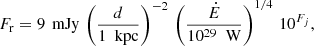 $$ \begin{aligned} F_{\rm r} = 9 \, \text{ mJy} \, \left(\frac{d}{1\ \text{ kpc}}\right)^{-2} \, \left(\frac{\dot{E}}{10^{29}\ \text{ W}}\right)^{1/4} \, 10^{F_{j}}, \end{aligned} $$