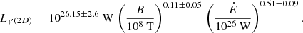 $$ \begin{aligned} L_{\gamma (2D)} = 10^{26.15 \pm 2.6} \text{ W} \, \left( \frac{B}{10^8 \text{ T}} \right)^{0.11 \pm 0.05} \, \left(\frac{\dot{E}}{10^{26} \text{ W}}\right)^{0.51 \pm 0.09} . \end{aligned} $$