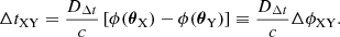 $$ \begin{aligned} \Delta t_{\rm XY} = \frac{D_{\Delta t}}{c} \left[\phi (\boldsymbol{\theta }_{\rm X}) - \phi (\boldsymbol{\theta }_{\rm Y})\right] \equiv \frac{D_{\Delta t}}{c} \Delta \phi _{\rm XY}. \end{aligned} $$