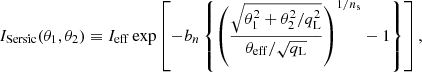 $$ \begin{aligned} I_{\mathrm{Sersic}} (\theta _1, \theta _2) \equiv I_{\rm eff} \exp \left[-b_n \left\{ \left(\frac{\sqrt{\theta _1^2 + \theta _2^2/q_{\rm L}^2}}{\theta _{\rm eff}/\sqrt{q_{\rm L}}}\right)^{1/n_{\rm s}} - 1 \right\} \right], \end{aligned} $$