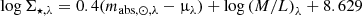 $$ \begin{aligned} \log {\Sigma _{\star , \lambda }}&= 0.4 (m_{\mathrm{abs},\odot , \lambda } - \upmu _{\lambda }) + \log {(M/L)}_{\lambda } + 8.629 \end{aligned} $$