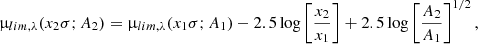 $$ \begin{aligned} \upmu _{lim,\lambda }(x_2\sigma ; A_2) = \upmu _{lim,\lambda }(x_1\sigma ; A_1) - 2.5\log \left[ \frac{x_2}{x_1} \right] + 2.5\log \left[ \frac{A_2}{A_1} \right]^{1/2}, \end{aligned} $$