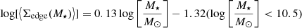 $$ \begin{aligned}&\log [\left\langle \Sigma _{\rm edge}(M_{\star })\right\rangle ] = 0.13\log \left[\frac{M_{\star }}{M_{\odot }} \right] - 1.32 (\log \left[\frac{M_{\star }}{M_{\odot }} \right]< 10.5)\end{aligned} $$