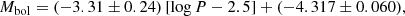 $$ \begin{aligned} M_{\rm bol} = (-3.31\pm 0.24)\,[\mathrm{log}\, P - 2.5] + (-4.317\pm 0.060), \end{aligned} $$