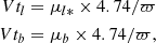 $$ \begin{aligned} Vt_l =\mu _{l*}\times 4.74/\varpi \\ Vt_b =\mu _{b}\times 4.74/\varpi , \end{aligned} $$