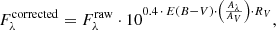 $$ \begin{aligned} F_{\lambda }^\mathrm{corrected} = F_{\lambda }^\mathrm{raw} \cdot 10^{0.4 \, \cdot \, E(B-V) \cdot \left(\frac{A_\lambda }{A_V}\right) \cdot R_V}, \end{aligned} $$