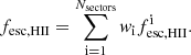 $$ \begin{aligned} f_{\rm esc,HII}= \sum _{\rm i=1}^{N_{\rm sectors}} { w}_{\rm i} f^\mathrm{i}_{\rm esc,HII}. \end{aligned} $$