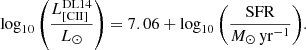 $$ \begin{aligned} \log _{10} \left( \frac{L_{\rm [CII]}^{\mathrm{DL14}}}{L_\odot } \right) = 7.06 + \log _{10} \left( \frac{\mathrm{SFR}}{M_\odot \, \mathrm{yr}^{-1}} \right)\!. \end{aligned} $$