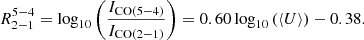 $$ \begin{aligned} R_{2-1}^{5-4} = \log _{10} \left( \frac{I_{\rm CO(5-4)}}{I_{\rm CO(2-1)}} \right) = 0.60 \log _{10} \left( \langle U \rangle \right) - 0.38. \end{aligned} $$