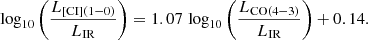$$ \begin{aligned} \log _{10} \left( \frac{L_{\rm [CI](1-0)}}{L_{\rm IR}} \right) = 1.07 \, \log _{10} \left( \frac{L_{\rm CO(4-3)}}{L_{\rm IR}} \right) + 0.14. \end{aligned} $$