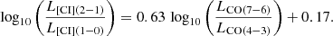 $$ \begin{aligned} \log _{10} \left( \frac{L_{\rm [CI](2-1)}}{L_{\rm [CI](1-0)}} \right) = 0.63 \, \log _{10} \left( \frac{L_{\rm CO(7-6)}}{L_{\rm CO(4-3)}} \right) + 0.17. \end{aligned} $$