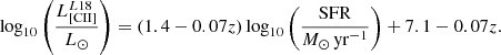 $$ \begin{aligned} \log _{10} \left( \frac{L_{\rm [CII]}^{L18}}{L_\odot } \right) = (1.4 - 0.07 { z}) \log _{10} \left( \frac{\mathrm{SFR}}{{M_\odot \, \mathrm{yr}^{-1}}} \right) + 7.1 - 0.07 { z}. \end{aligned} $$