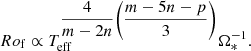 $$ \begin{aligned} Ro_{\rm f}\propto T_{\rm eff}^{\dfrac{4}{m-2n}\left(\dfrac{m-5n-p}{3}\right)} \Omega _*^{-1}. \end{aligned} $$