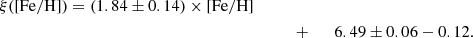 $$ \begin{aligned} \xi (\mathrm{[Fe/H]})&= (1.84\pm 0.14)\times \mathrm{[Fe/H]}\nonumber \\&\qquad&\qquad + \qquad 6.49\pm 0.06 - 0.12 . \end{aligned} $$