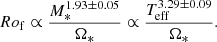 $$ \begin{aligned} Ro_{\rm f}\propto \dfrac{M_*^{1.93\pm 0.05}}{\Omega _*}\propto \dfrac{T_{\rm eff}^{3.29\pm 0.09}}{\Omega _*} .\end{aligned} $$