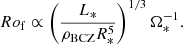 $$ \begin{aligned} Ro_{\rm f}\propto \left(\dfrac{L_*}{\rho _{\rm BCZ}R_*^5}\right)^{1/3}\Omega _*^{-1}.\end{aligned} $$