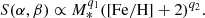 $$ \begin{aligned} S(\alpha ,\beta )\propto M_*^{q_1}(\mathrm{[Fe/H]}+2)^{q_2} .\end{aligned} $$