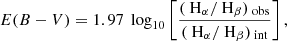 $$ \begin{aligned} E(B-V) = 1.97\,\text{ log}_{10} \left[ \frac{(\text{ H}_{\alpha } / \text{ H}_{\beta })_{\text{ obs}}}{(\text{ H}_{\alpha } / \text{ H}_{\beta })_{\text{ int}}} \right] ,\end{aligned} $$