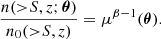$$ \begin{aligned} \frac{n({>}S,z;\boldsymbol{\theta })}{n_0({>}S,z)}=\mu ^{\beta -1}(\boldsymbol{\theta }). \end{aligned} $$