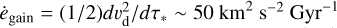 ${\dot e_{{\rm{gain}}}} = \left( {1/2} \right)dv_{\rm{d}}^2/d{\tau _*}\~50\,{\rm{k}}{{\rm{m}}^2}{{\rm{s}}^{ - 2}}\,{\rm{Gy}}{{\rm{r}}^{ - 1}}$
