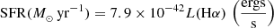 $ {\mathrm{SFR}({M}_{_{\odot}} \, \mathrm{yr}^{-1})=7.9 \times 10^{-42} L(\mathrm{H}\alpha)}\, \left(\rm{\frac{ergs}{s}}\right) $