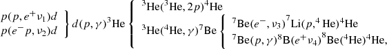 $$ \begin{aligned} \left.\begin{array}{l} {{p(p, e^+\nu _1)d}}\\ {{p(e^-p,\nu _2)d}} \end{array}\right\} d(p,\gamma ) ^3\mathrm{He} \left\{ \begin{array}{l} ^3\mathrm{He}(^3\mathrm{He}, 2p) ^4\mathrm{He} \\ ^3\mathrm{He}(^4\mathrm{He}, \gamma )^7\mathrm{Be} \left\{ \begin{array}{l} {{^7\mathrm{Be} (e^-, \nu _3)}} ^7\mathrm{Li}(p,^4\mathrm{He})^4\mathrm{He} \\ ^7\mathrm{Be} (p, \gamma ){{^8\mathrm{B}(e^+\nu _4)}}^8\mathrm{Be}(^4\mathrm{He})^4\mathrm{He}, \end{array}\right. \end{array}\right. \end{aligned} $$