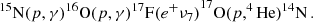 $$ \begin{aligned}&^{15}\mathrm{N}(p, \gamma )^{16}\mathrm{O}(p,\gamma ){{^{17}\mathrm{F}(e^+\nu _7)}}^{17}\mathrm{O}(p,^4\mathrm{He})^{14}\mathrm{N}\,. \end{aligned} $$