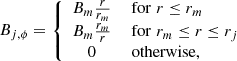 $$ \begin{aligned} B_{ j,\phi } = \left\{ \begin{array}{cl} B_{m}\frac{r}{r_{m}}&\text{ for}\,\, r\le r_{m} \\ B_{m}\frac{r_{m}}{r}&\text{ for}\,\, r_{m}\le r\le r_{j} \\ 0&\text{ otherwise}, \end{array} \right. \end{aligned} $$