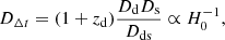 $$ \begin{aligned} D_{\Delta t} = (1+z_{\rm d}) \frac{D_{\rm d} D_{\rm s}}{D_{\rm ds}}\propto H_0^{-1}, \end{aligned} $$