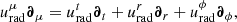 $$ \begin{aligned} u_\mathrm{rad} ^\mu \boldsymbol{\partial }_\mu =u_\mathrm{rad} ^t\boldsymbol{\partial }_t+u_\mathrm{rad} ^r\boldsymbol{\partial }_r+u_\mathrm{rad} ^\phi \boldsymbol{\partial }_\phi , \end{aligned} $$