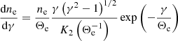 $$ \begin{aligned} \frac{\mathrm{d} n_\mathrm{e} }{\mathrm{d}\gamma }=\frac{n_\mathrm{e} }{\Theta _\mathrm{e} }\frac{\gamma \left(\gamma ^2-1\right)^{1/2}}{K_2\left(\Theta _\mathrm{e} ^{-1}\right)}\exp \left(-\frac{\gamma }{\Theta _\mathrm{e} }\right) \end{aligned} $$